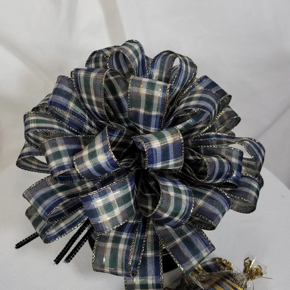 Christmas Tree Bow Topper, Blue Green Plaid Bow Tree Topper, 44‎ Loop, 10 inches